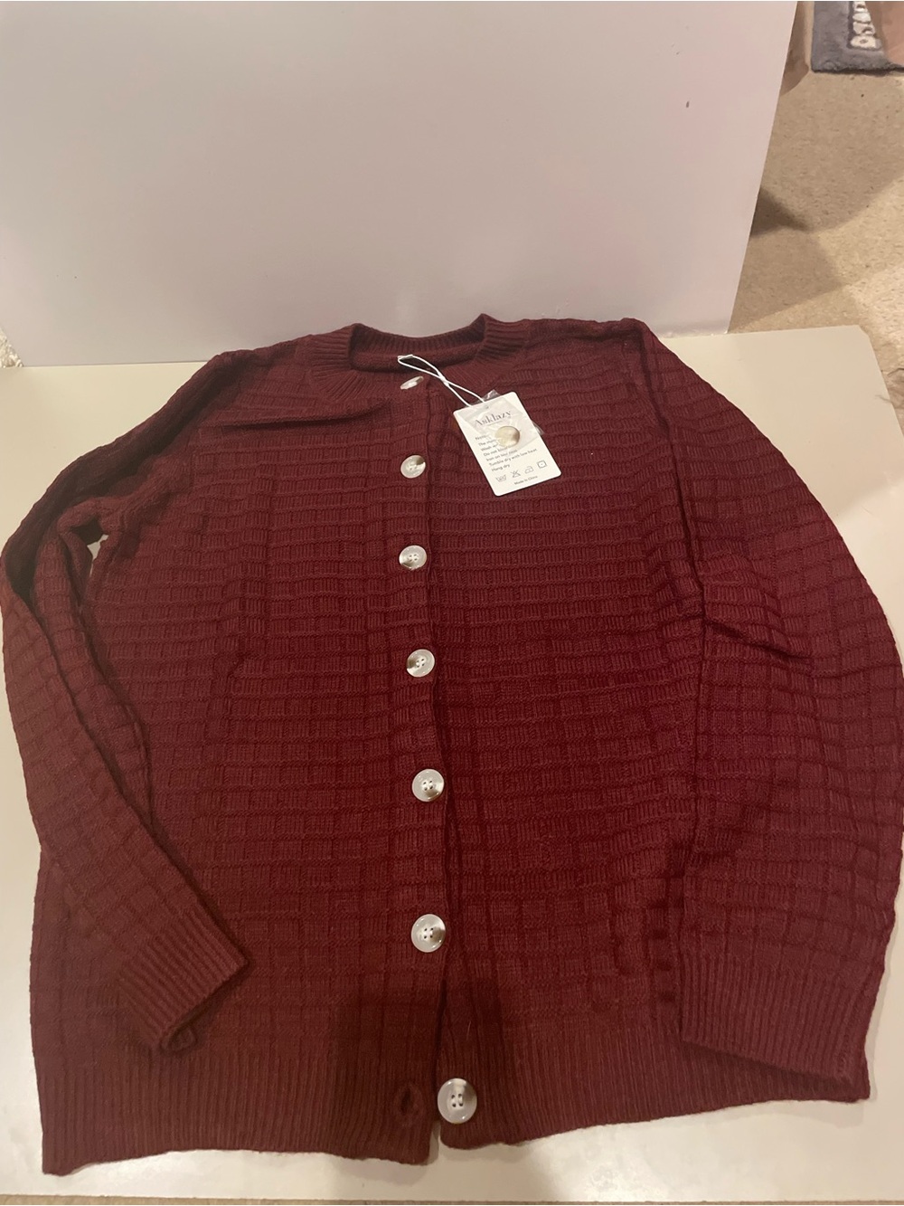 Women’s Burgundy Button-Front Knit Sweater Cardigan size S Asklazy NWT